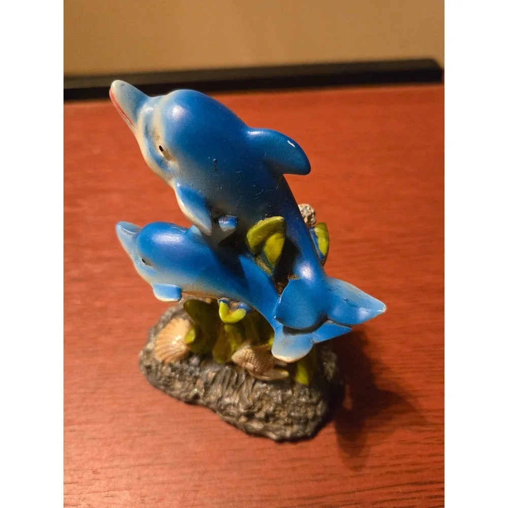 Vintage Blue Dolphin Pair Figurine Coral Reef Ocean Decor Resin Statue 5 Inch